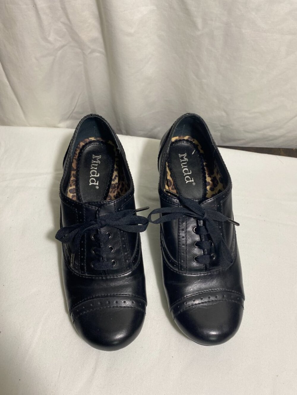 Mudd Austin Black Lace Up Oxford Heels Women’s Size 8M Leopard Print Lining - Picture 2 of 11